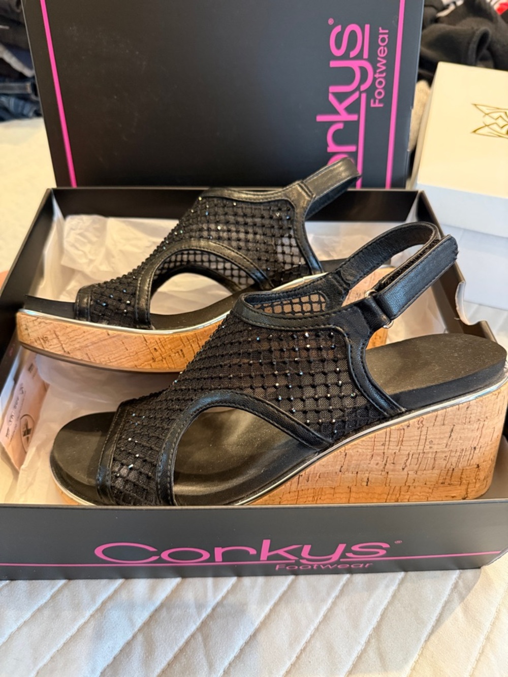 Corkys Black Mesh Sparkle Slingback Wedge Sandals with Cork Platform